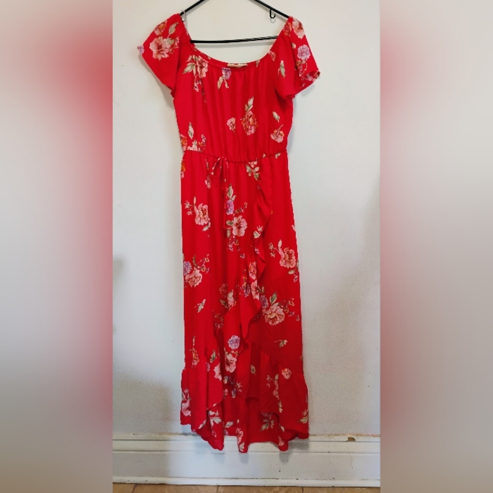 Peach Love | Red Asymmetrical Floral Maxi Dress w Flutter Sleeves | M | NWOT